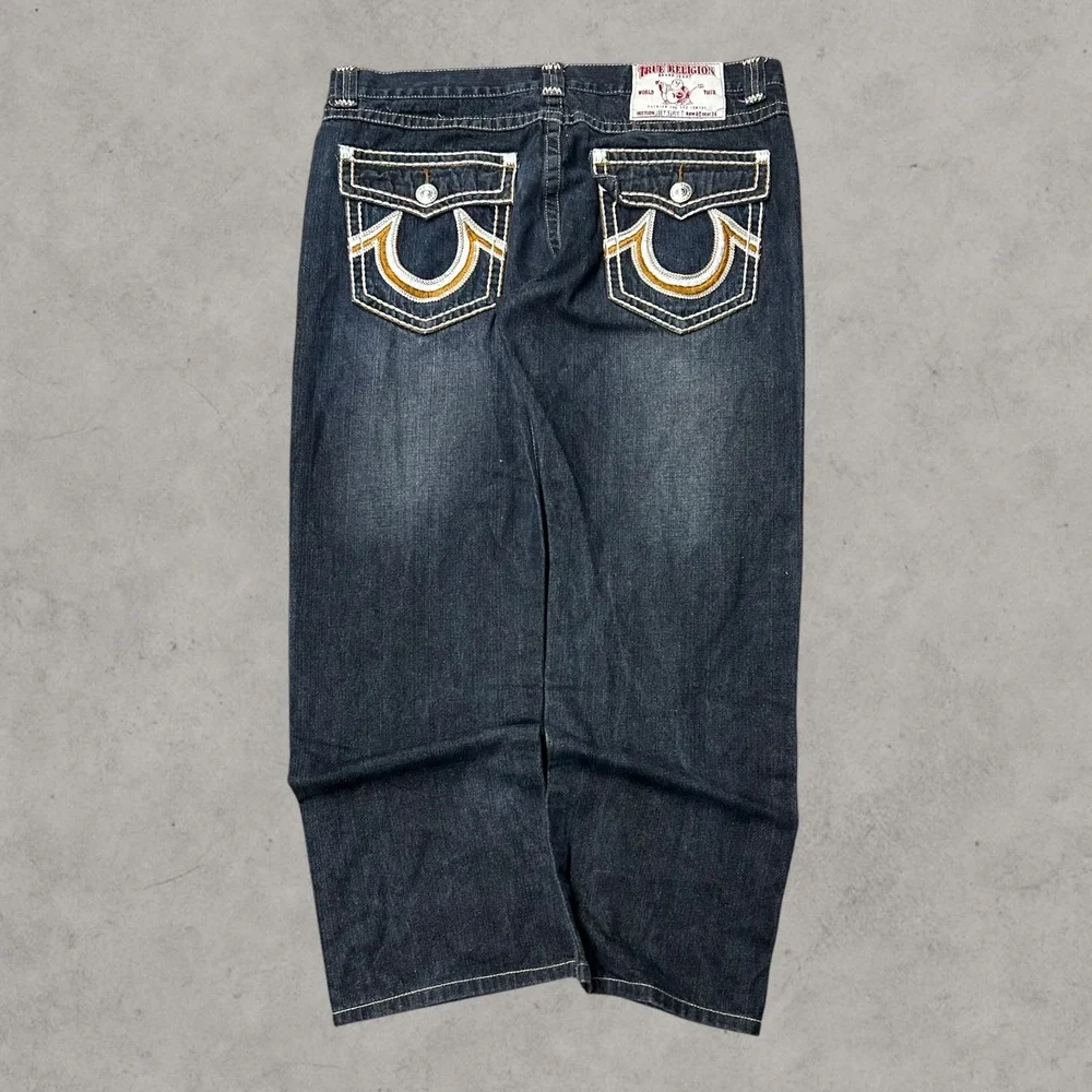 True Religion Joey Super T Jeans Men 40x30 Dark Blue Wide Leg Baggy White Stitch